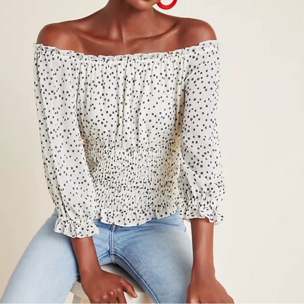 Anthropologie Polka Dot Shirred Corset Blouse Black and White Medium OffShoulder